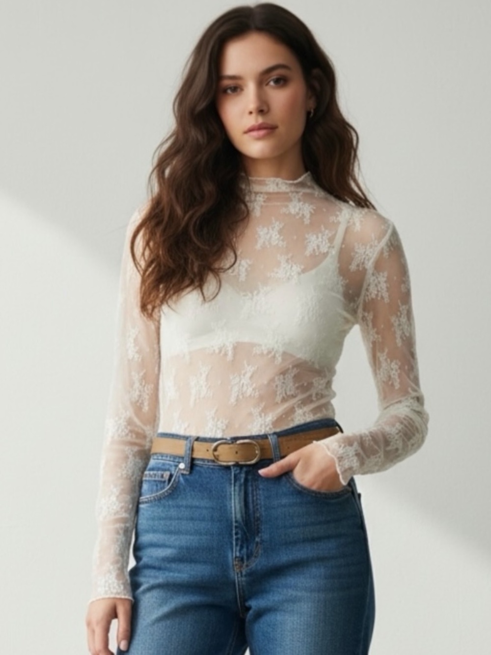 New Sheer Beige Floral Mesh Layering Top Size Medium